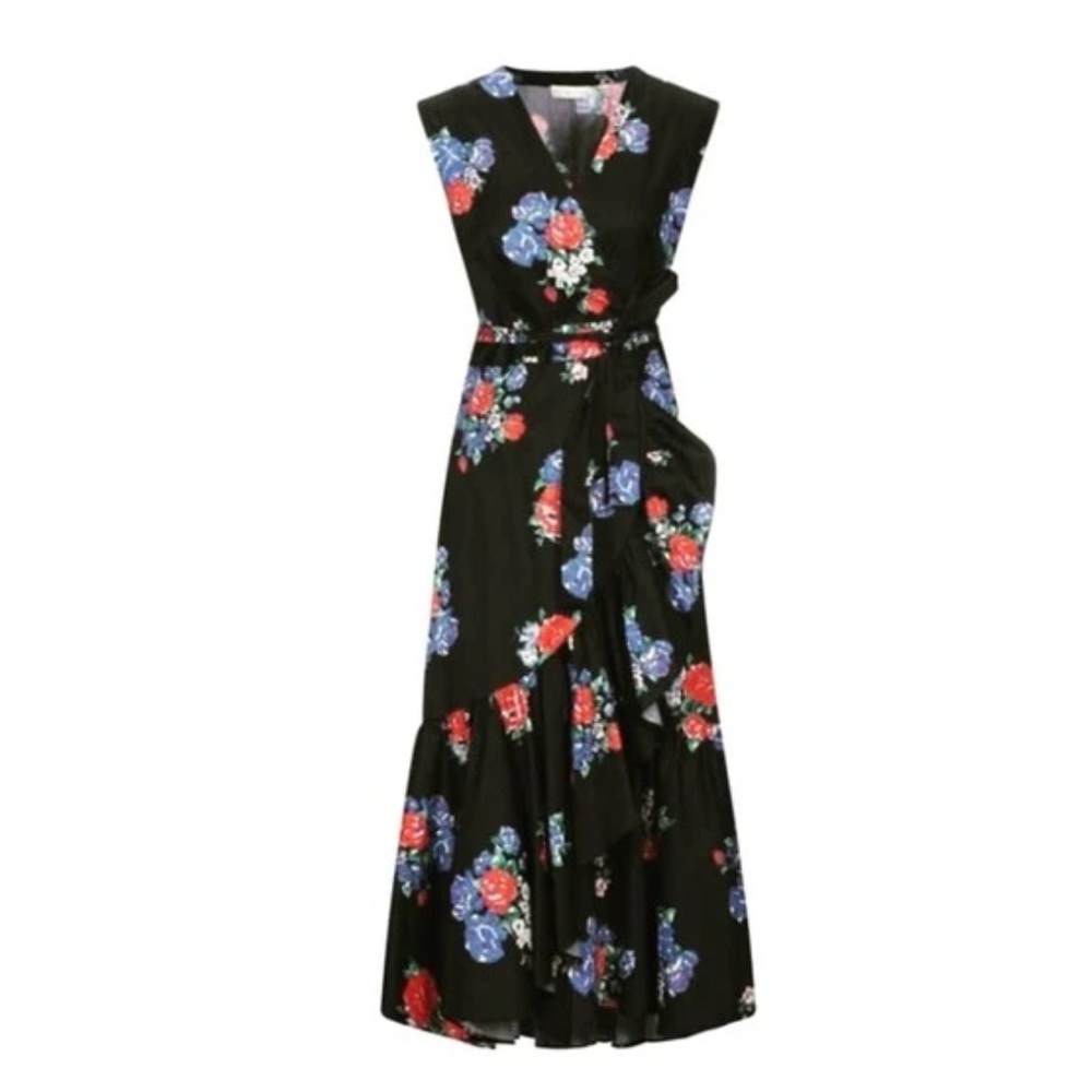 TORY BURCH COTTON WRAP SLEEVELESS MIDI DRESS WITH RUFFLE HI LO HEM SIZE US 4